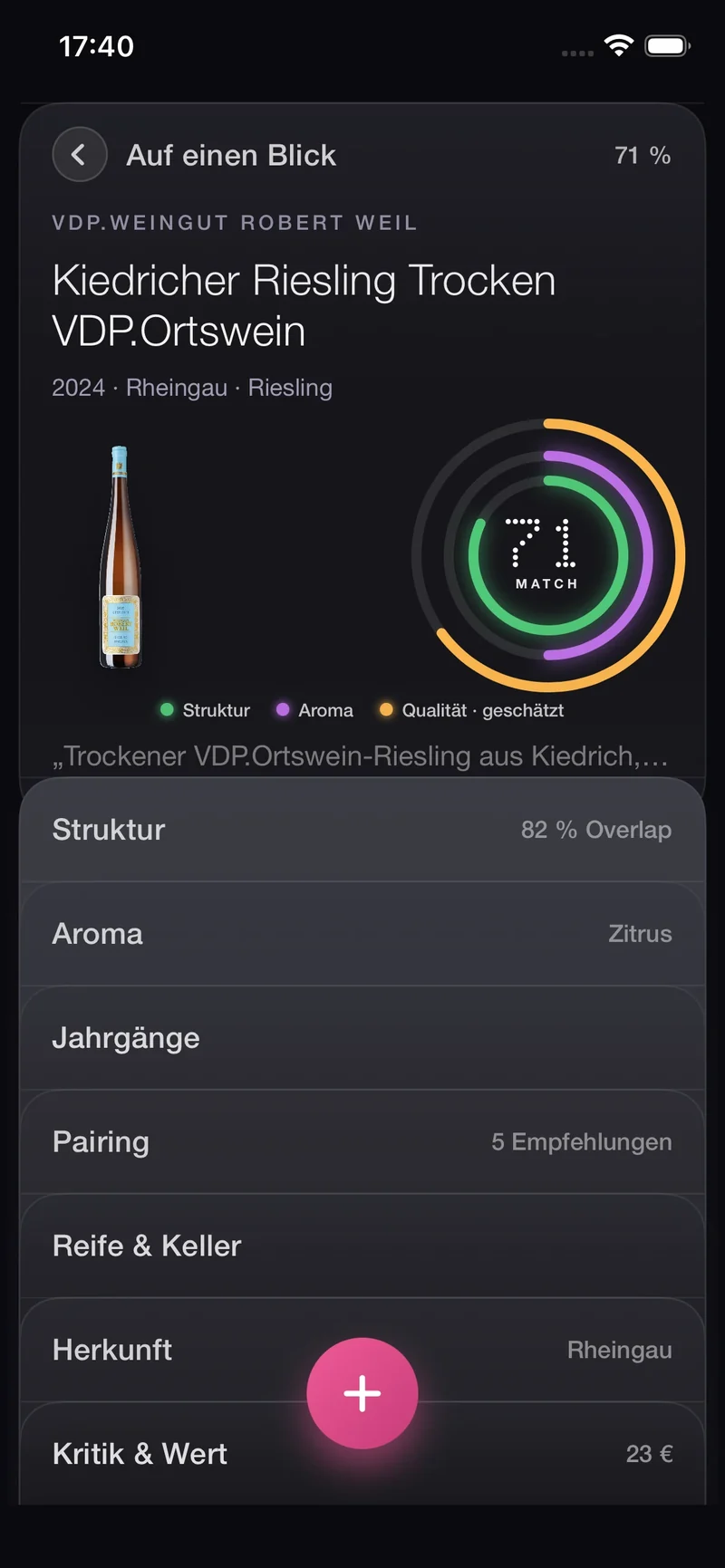 Weindetail mit Match und Geschmacksdimensionen