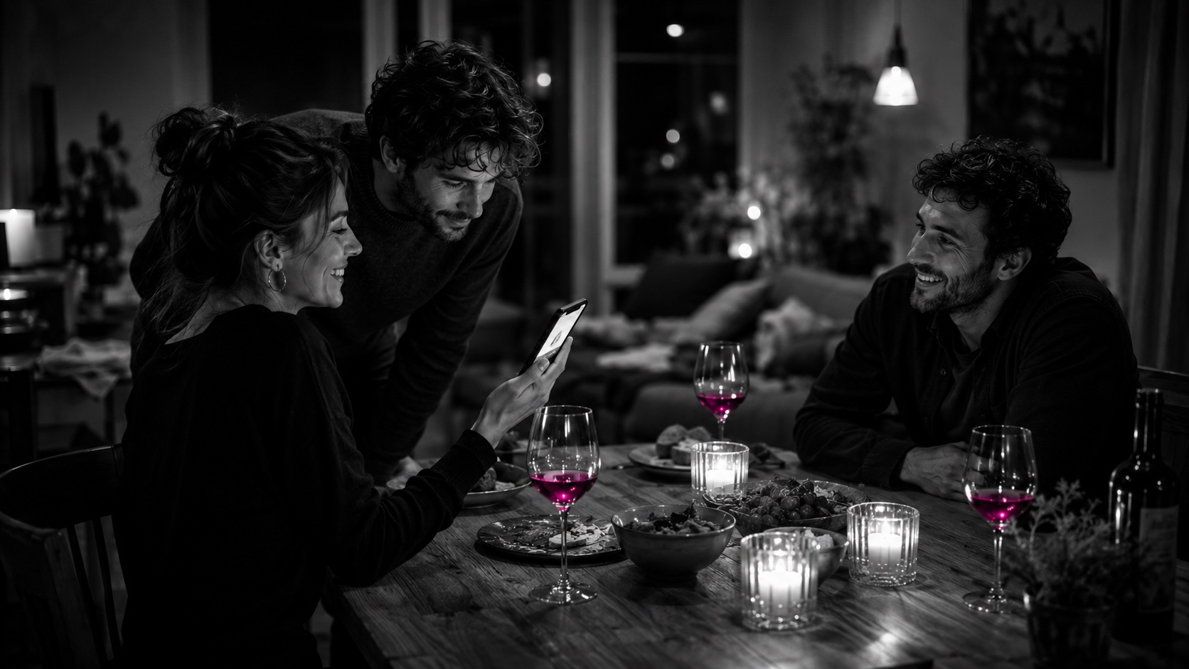 Emma zeigt einer Freundin etwas auf ihrem Smartphone, Schwarzweiß, die Weingläser leuchten magenta
